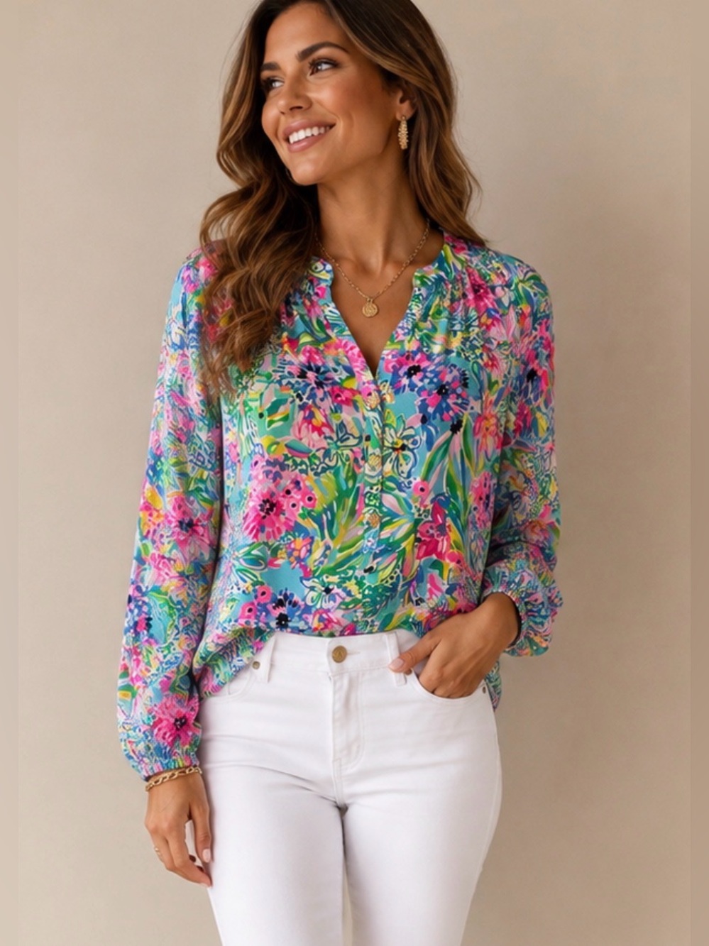 Lilly Pulitzer Floral Silk Elsa Blouse Pink Green Blue Gold Buttons NWT Large